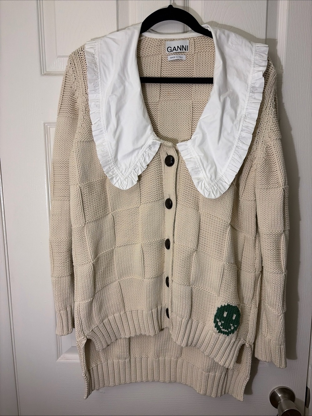 GANNI Smiley Face Basketweave Cardigan Sweater M Cream Oversized Collar